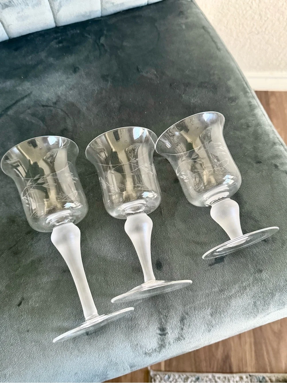 Princess House Clear Etched Crystal Wine Glasses with Frosted Stems